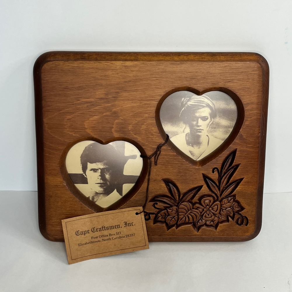 Cape Craftsmen Vintage Wood Double Heart Picture‎ Frame Carved Floral Plaque 9x7
